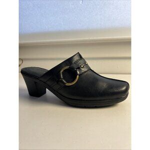 Clarks Bendables Women's Black Leather Slip On Heeled Harness Clogs Mules Sz 8 M